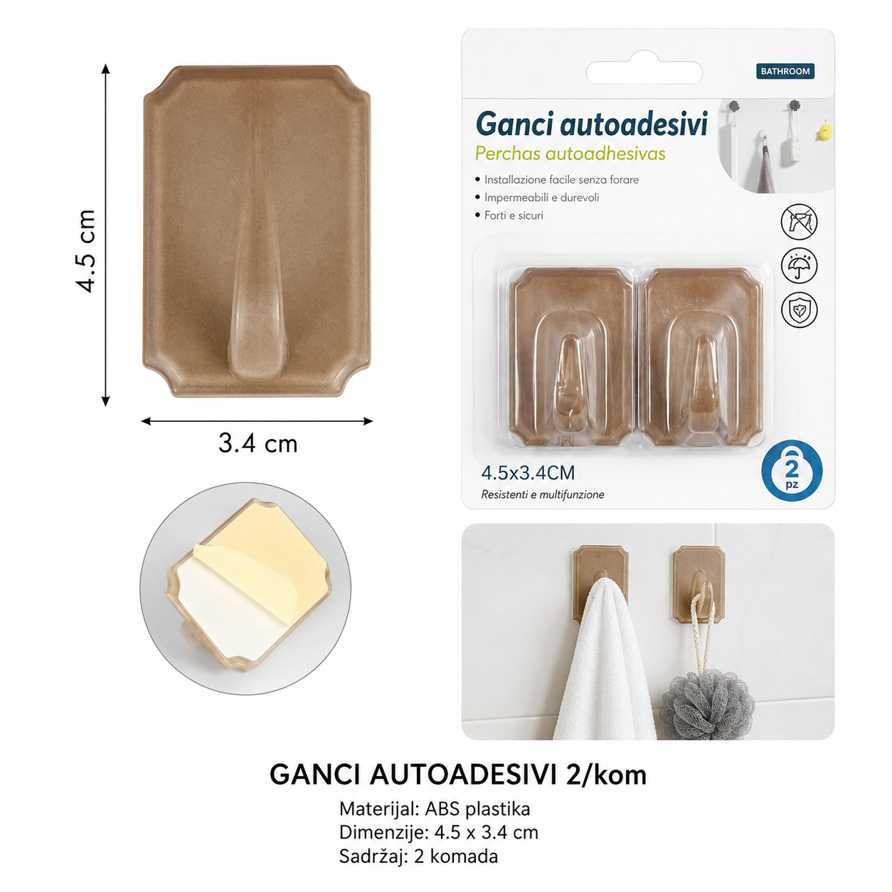 KMT Pravougaone plastične kuke, svetlosmeđe, 2 komada 3283061