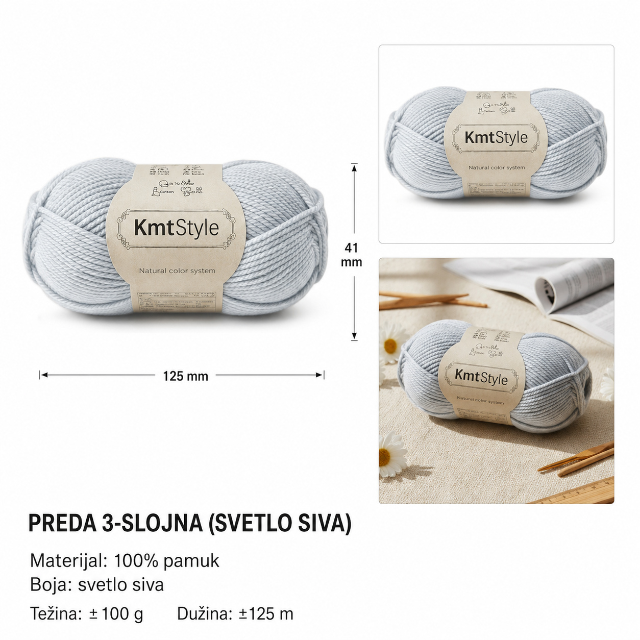KMT Trostruko debelo predivo, belo-sivo 3283119