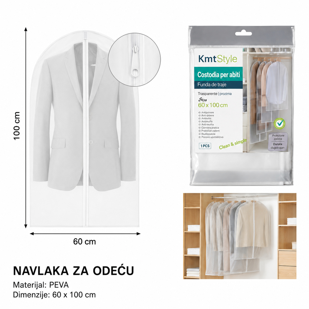 KMT PEVA navlaka za odelo sa patent zatvaračem 3283203