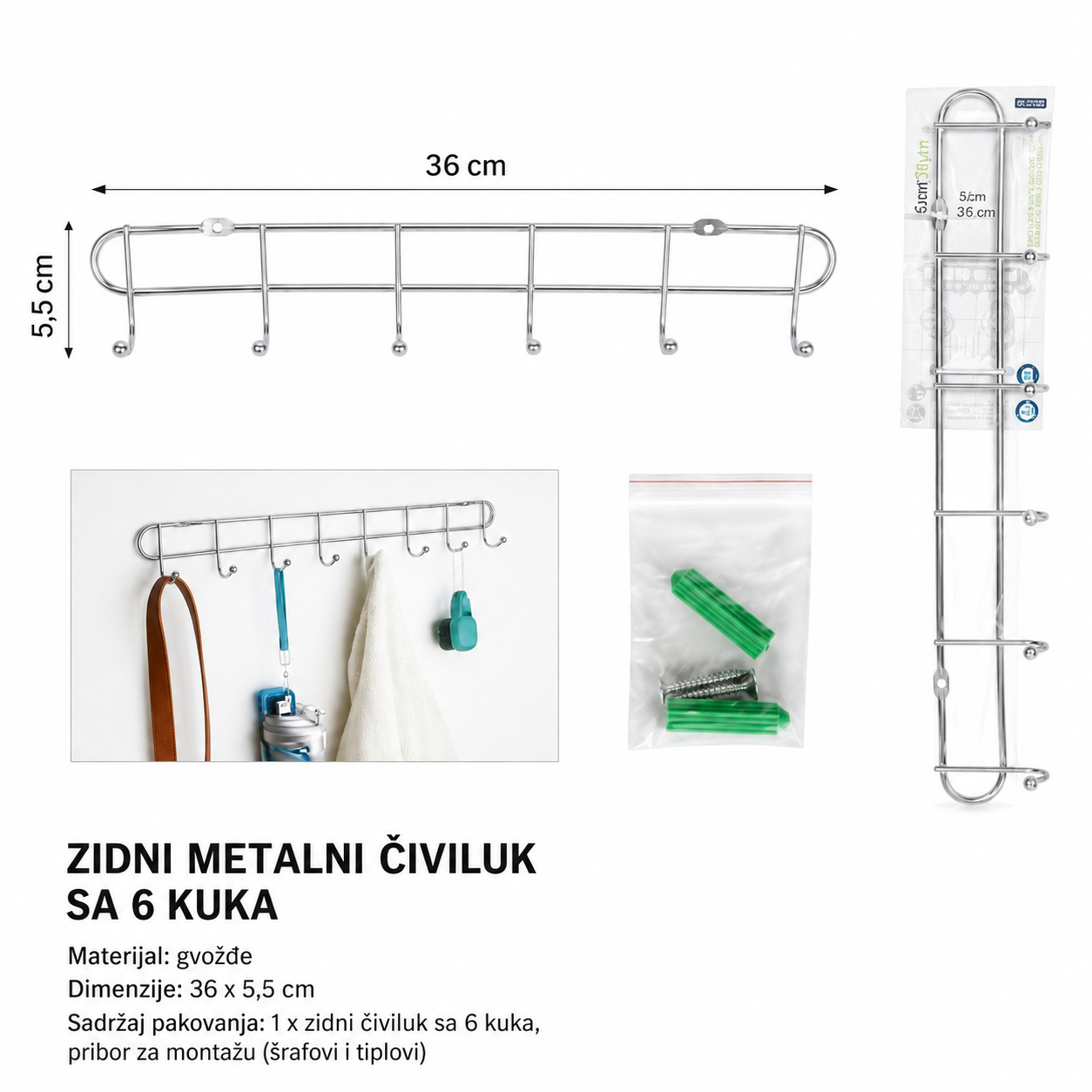KMT Zidna kuka jednoredna 6 kukica sa zavrtnjima 3283350