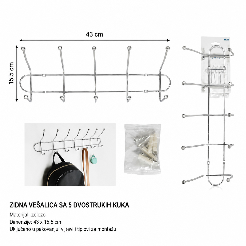 KMT Zidna kuka dvoredna 5 kuka sa zavrtnjima 3283354