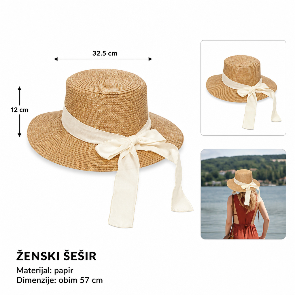 KMT Ženska pleteni šešir 33cm sa talasastim obodom mašna 502038