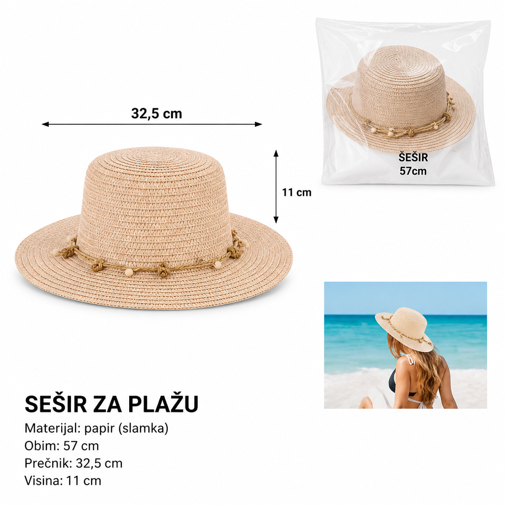 KMT Ženska pleteni šešir 33cm kapa ručka u obliku školjke 502039