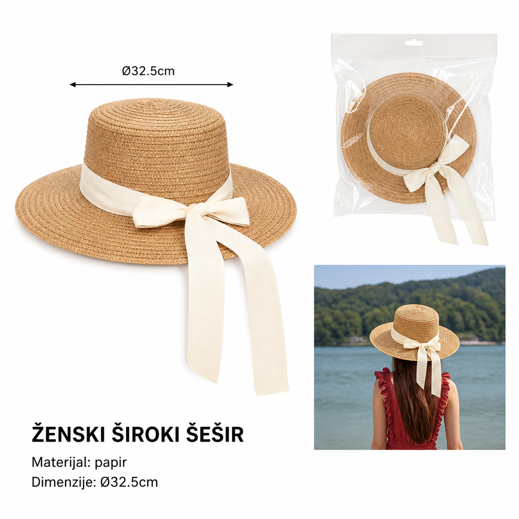 KMT Ženska pleteni šešir 33cm šešir sa širokim obodom mašna 502040